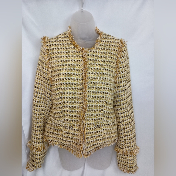 LULU'S Yellow Multi Color Tweed Patchwork Casual Corpcore Barbiecore Jacket - Picture 11 of 11